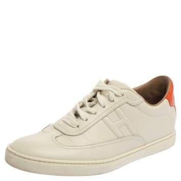 Pre Owned Hermes White Leather Lace Up Low Top Sneakers Size 37
