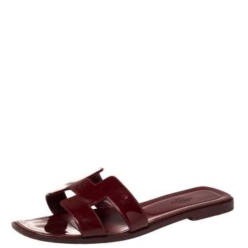 Pre Owned Hermes Burgundy Patent Leather Oran Flats Size 39