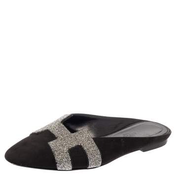Pre Owned Hermes Black Suede Roxanne Flat Mules Size 37