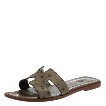 Pre Owned Hermes Grey Ostrich Leather Oran Flats Size 39