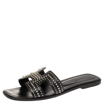 Pre Owned Hermes Black Leather Studded Oran Flats Size 38