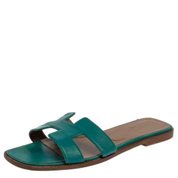 Pre Owned Hermes Teal Green Leather Oran Flat Slides Size 38.5