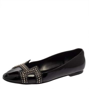 Pre Owned Hermes Black Patent Leather Studded Nice Ballet Flats Size 39