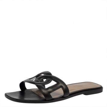 Pre Owned Hermes Black Leather Omaha Flats Size 39