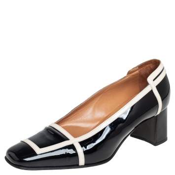 Pre Owned Hermes Black/Cream Patent Leather Square Toe Block Heel Pumps Size 35.5