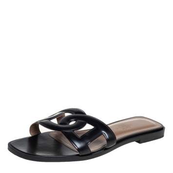 Pre Owned Hermés Black Leather Aloha Flat Slides Size 36