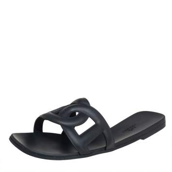 Pre Owned Hermes Black Rubber Aloha Flat Slides Size 39