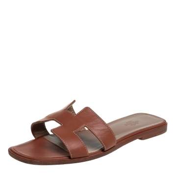 Pre Owned Hermes Brown Leather Oran  Sandals Size 38