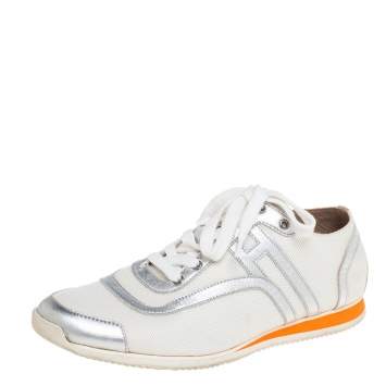 Pre Owned Hermes White Nylon And Silver Leather Low Top Sneakers Size 38