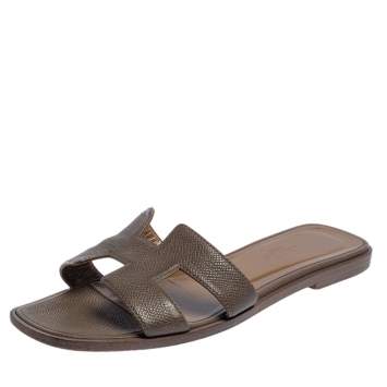Pre Owned Hermes Brown Leather Oran Flats Size 36