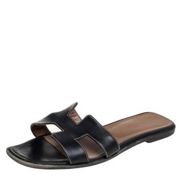 Pre Owned Hermes Black Leather Oran Sandals Size 38.5