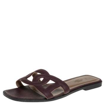 مملوكة مسبقًا Hermes Burgundy Leather Omaha Slide Flats Size 38