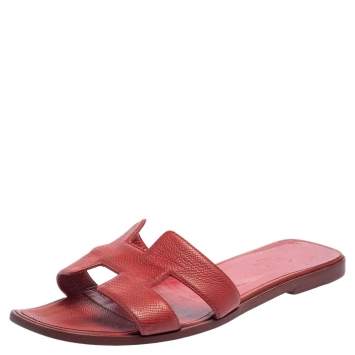 Pre Owned Hermes Rouge Taurillon Clemence Leather Oran Flats Size 40
