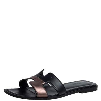Pre Owned Hermes Black/Metallic Gold Leather Oran Flat Slides Size 38