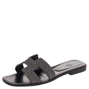 Pre Owned Hermes Black Glitter Oran Sandals Size 40