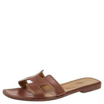 Pre Owned Hermes Brown Leather Oran Flats Size 39.5