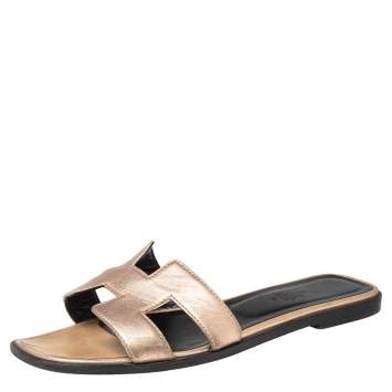 Pre Owned Hermes Metallic Pink Leather Oran Flats Size 38.5