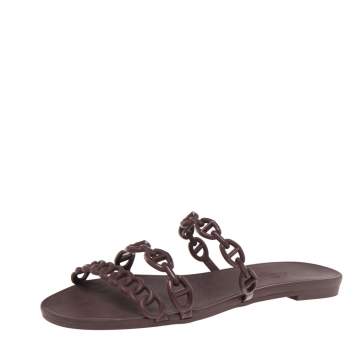 Pre Owned Hermes Burgundy Rubber D'ancre Chaine Rivage Flats Size 36