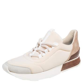 Pre Owned Hermes Cream/Grey Fabric And Suede Miles Lace Up Sneakers Size 38