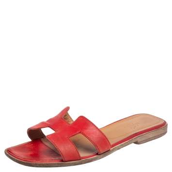 Pre Owned Hermes Red Leather Oran Flats Size 38