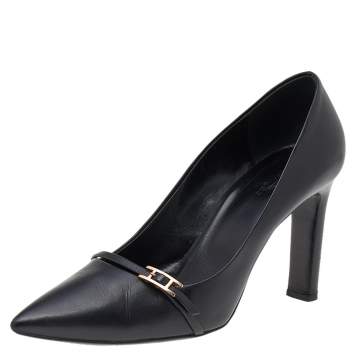 Pre Owned Hermes Black Leather Pointed Toe Pumps Size 38