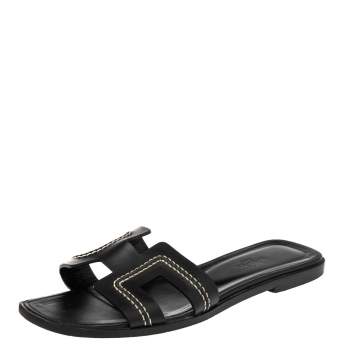 Pre Owned Hermes Black Leather H Stitched Detail Oran Flats Sandals Size 39