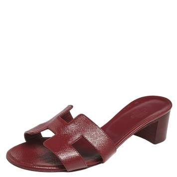 Pre Owned Hermes Burgundy Patent Leather Oasis  Sandals Size 37