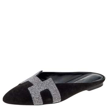 Pre Owned Hermes Black Suede And Glitter Roxane Mule Flats Size 39