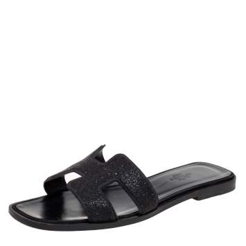 Pre Owned Hermes Black Crystal Suede Oran Flat Slides Size 37 
