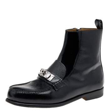 مملوكة مسبقًا Hermes Black Textured Patent Leather Kelly Turn Lock Ankle Boots Size 36