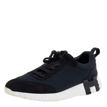 Pre Owned Hermes Black/Navy Blue Suede And Neoprene Bouncing Sneakers Size 38