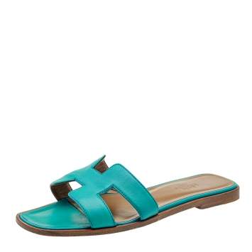Pre Owned Hermès Teal Green Leather Oran Flats Size 36