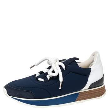 Pre Owned Hermes Navy Blue/White Nylon And Leather Buster Low Top Sneakers Size 36