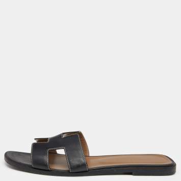 Pre Owned Hermes Black Leather Oran Flats Size 39