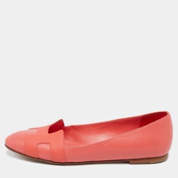 Pre Owned Hermès Coral Leather Nice Ballet Flats Size 37