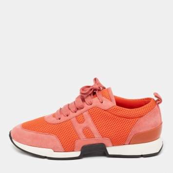 Pre Owned Hermes Pink Suede And Mesh Player Low Top Sneakers Size 38.5