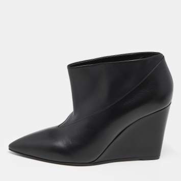 Pre Owned Hermes Black Leather Pointed Toe Wedge Ankle Booties Size 39