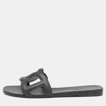 Pre Owned Hermes Black Rubber Aloha Flat Slides Size 39