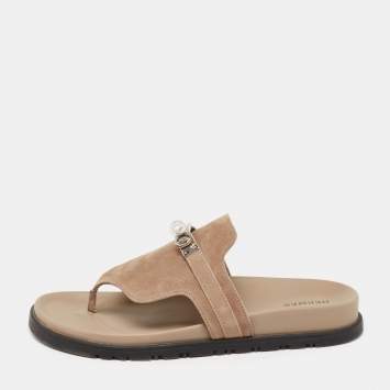 Pre Owned Hermes Beige Suede Empire Flat Slides Size 38