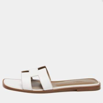 Pre Owned Hermes White Leather Oran Flat Slide Sandals Size 41