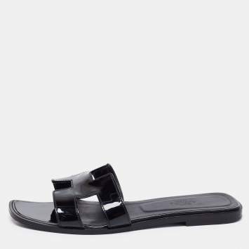 Pre Owned Hermes Black Patent Leather Oran Flats Size 38.5