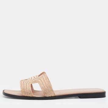 Pre Owned Hermes Blush Pink Twill Oran Herringbone Dabka Slide Flats Size 38.5