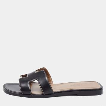 Pre Owned Hermes Black Leather Oran Flats Size 37