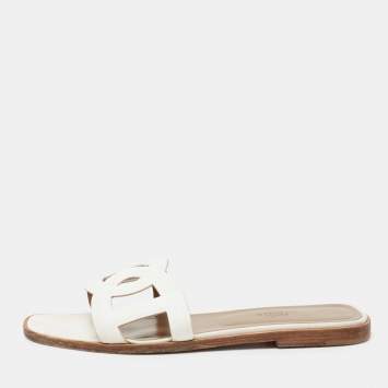 Pre Owned Hermes White Leather Omaha Flat Slides Size 40