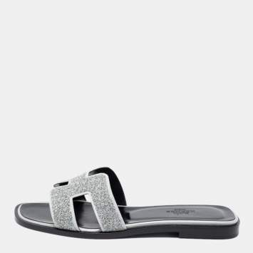 Pre Owned Hermes Silver/Grey Crystals and Suede Trim Oran Flat Slides Size 36