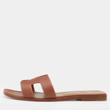 Pre Owned Hermes Brown Leather Oran Flats Size 39