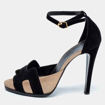 Pre Owned Hermes Black/Gold Suede Premiere Ankle-Strap Sandals Size 38