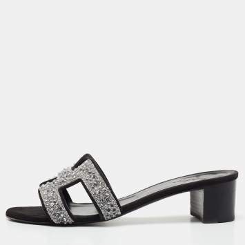 Pre Owned Hermes Silver/Black Beads And Suede Embellished Oasis Slide Sandals Size 37
