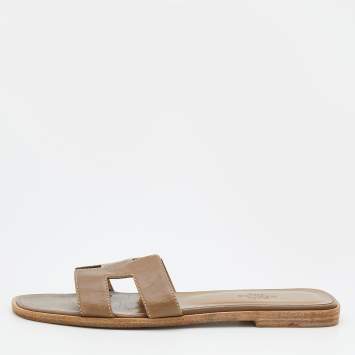 Pre Owned Hermes Brown Leather Oran Flat Slides Size 37