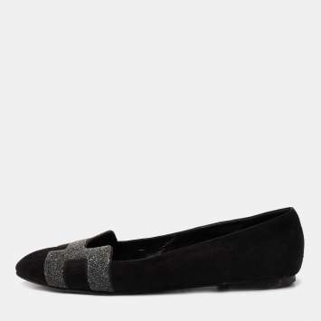 Pre Owned Hermes Black/Grey Suede and Crystal Powder Nice Ballet Flats Size 39